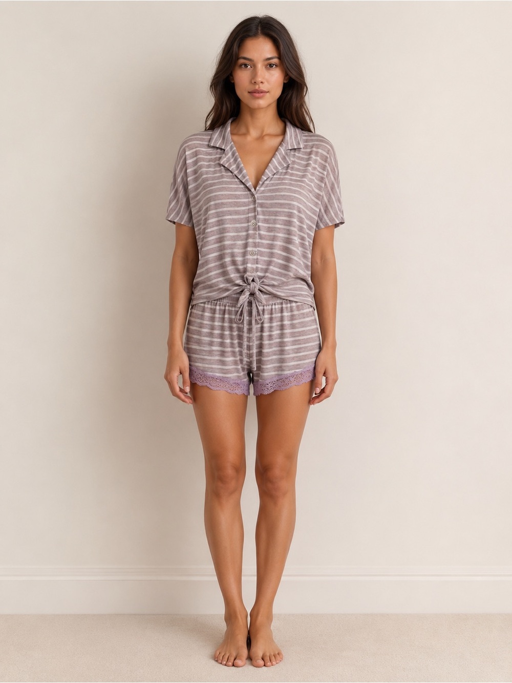 Honeydew Intimates Mauve-Gray Striped Short Sleeve Sleep Set